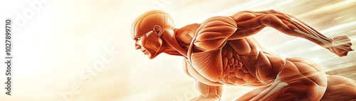 Illustration of a human anatomical figure in dynamic motion showcasing detailed muscular structure on a light background.