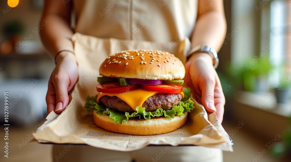 A person presents a large cheeseburger featuring layers of fresh vegetables, cheese, and a sesame seed bun, set in a warm and inviting indoor environment A person presents a large cheeseburger featuring layers of fresh vegetables, cheese, and a sesame seed bun, set in a warm and inviting indoor environment