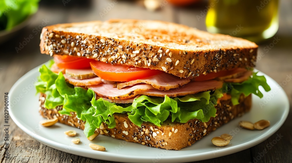 Delicious Ham and Cheese Sandwich on Seeded Bread with Fresh Vegetables Delicious Ham and Cheese Sandwich on Seeded Bread with Fresh Vegetables
