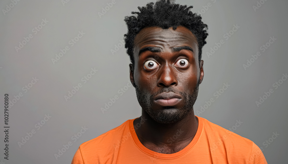 Man with a beard and dreadlocks is wearing an orange shirt and looking at the camera with wide eyes