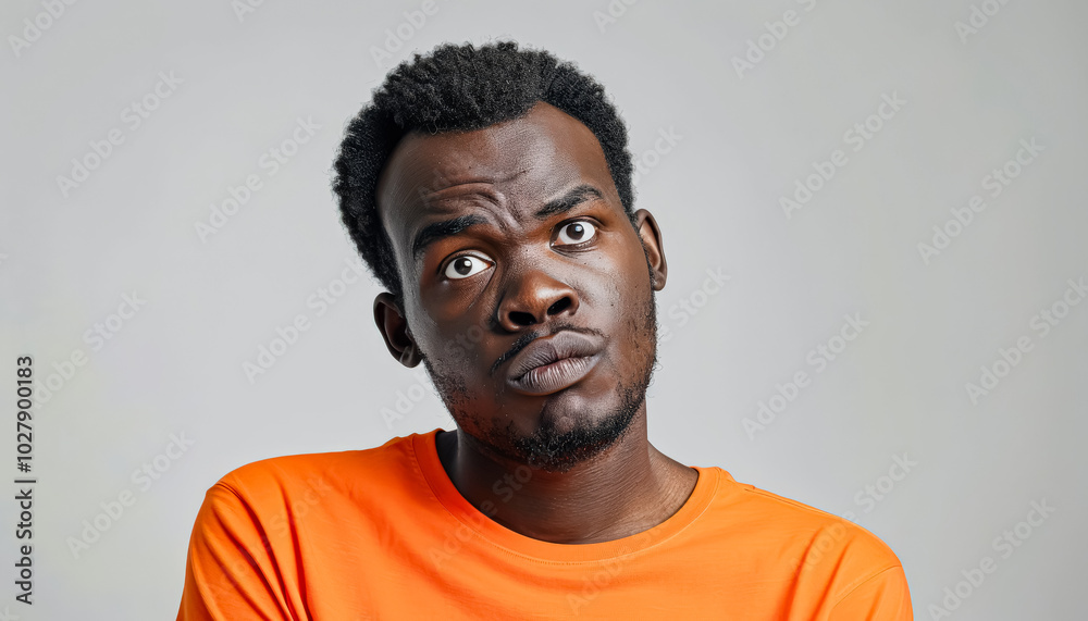 Man with a beard and dreadlocks is wearing an orange shirt and looking at the camera. He is surprised or confused Man with a beard and dreadlocks is wearing an orange shirt and looking at the camera. He is surprised or confused