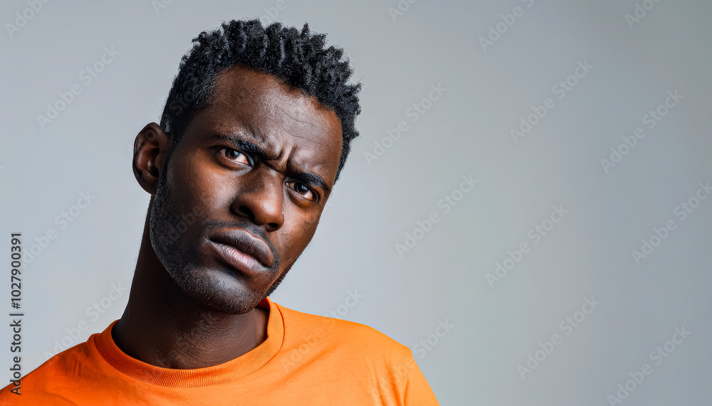 Man with a beard and a mustache is looking up at the camera. He is wearing an orange shirt Man with a beard and a mustache is looking up at the camera. He is wearing an orange shirt