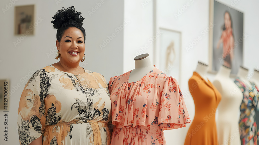 A plus-size fashion designer standing proudly next to a row of mannequins dressed in her latest collection showcasing inclusive and stylish designs. A plus-size fashion designer standing proudly next to a row of mannequins dressed in her latest collection showcasing inclusive and stylish designs.