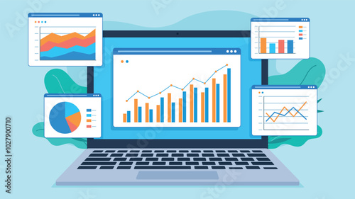 Vector graphic shows a laptop displaying various data charts and graphs, including bar, line, pie, and area charts. The charts represent data analysis, with green leaves in the background