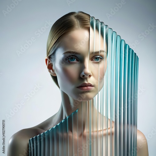 Abstract fashion concept. Vintage art. Creative poster with retro woman. Contemporary fashion model. Glitched female face. Beautiful girl. White isolated Reeded Glass. Ribbed Background.