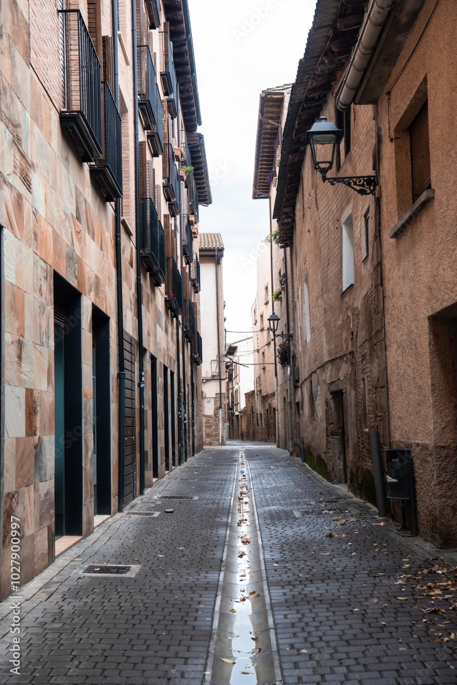a narrow street with buildings .Puente La Reina, Navarra, Spain a narrow street with buildings .Puente La Reina, Navarra, Spain