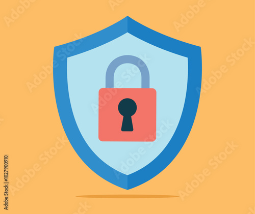 This vector graphic features a blue shield with a red padlock in the center, symbolizing security and data protection. The background is yellow, highlighting the shield and lock as key elements