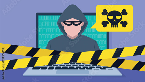 This vector graphic shows a hacker in a hoodie using a laptop with binary code on the screen. A yellow speech bubble with a skull and crossbones appears, while caution tape crosses the scene.