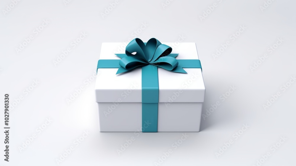 A sophisticated white gift box tied with a teal ribbon, presented on a pure white background, creating a sense of luxury and refinement A sophisticated white gift box tied with a teal ribbon, presented on a pure white background, creating a sense of luxury and refinement