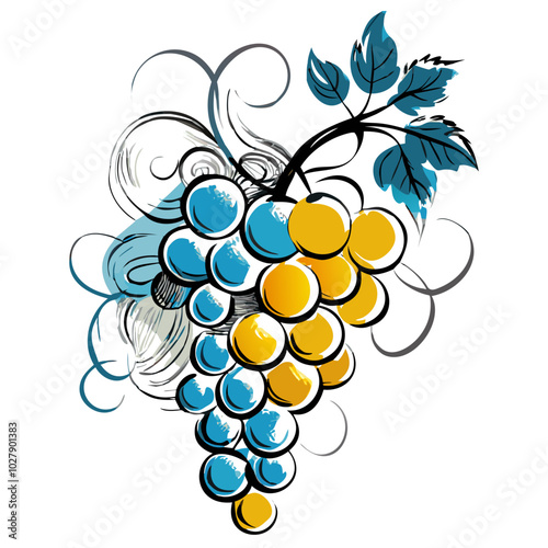 Stylized bunch of grapes illustration in blue and yellow colors with artistic swirls and copy space
