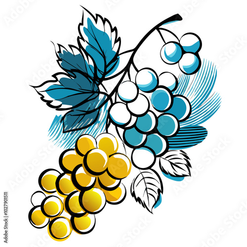 Stylized illustration of grapes with colorful leaves in a modern design