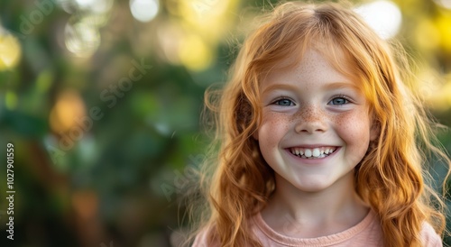 Cheerful young ginger girl with red hair smiles warmly in a natural outdoor setting during daylight hours