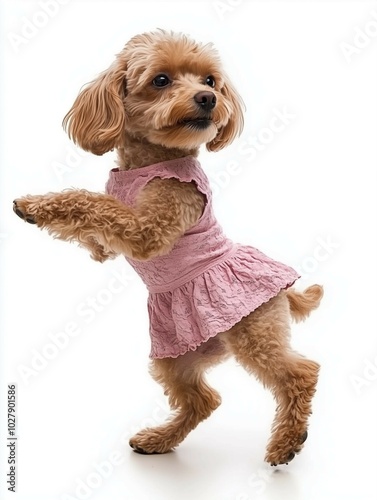 A dog elegantly poses in a pink dress, showcasing its dance-like stance in a studio setting