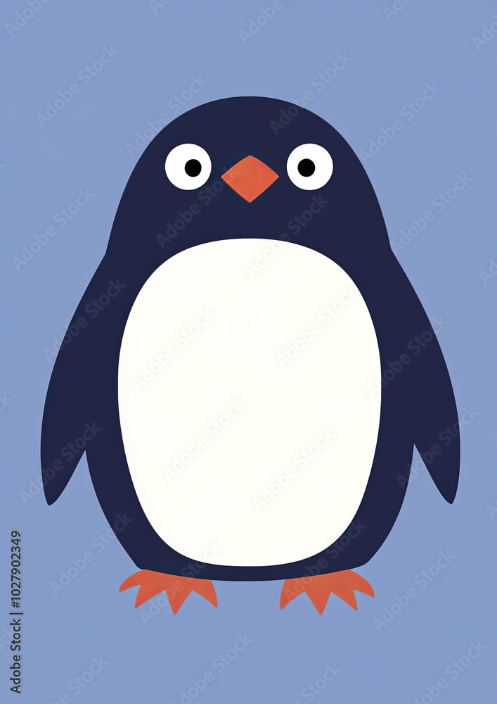 Fototapeta premium Cute Illustrated Penguin on Blue Background: Simple and Playful Cartoon Art for Kids and Winter Themes