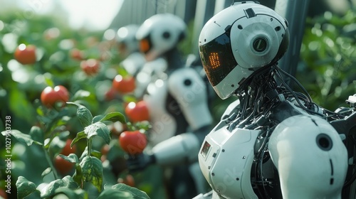 Robots harvesting tomatoes in a greenhouse, showcasing agricultural technology.