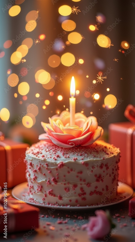 Delicious birthday cake with a single candle and pink frosting, lit by warm bokeh. Delicious birthday cake with a single candle and pink frosting, lit by warm bokeh.