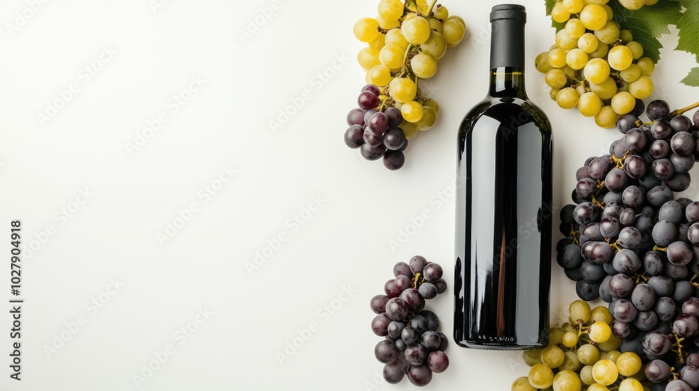 Fototapeta premium Red wine bottle and grapes, alcohol drink on white background with copy space