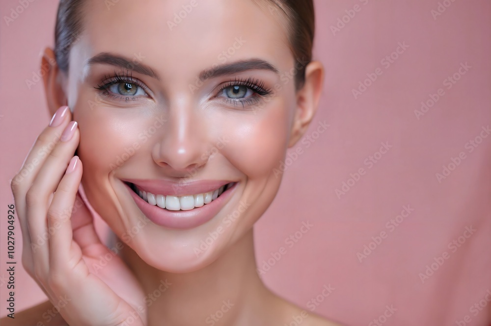 Cheerful young woman smiling while touching her face against a simple pink background in a joyful, lively atmosphere. Generative AI Cheerful young woman smiling while touching her face against a simple pink background in a joyful, lively atmosphere. Generative AI