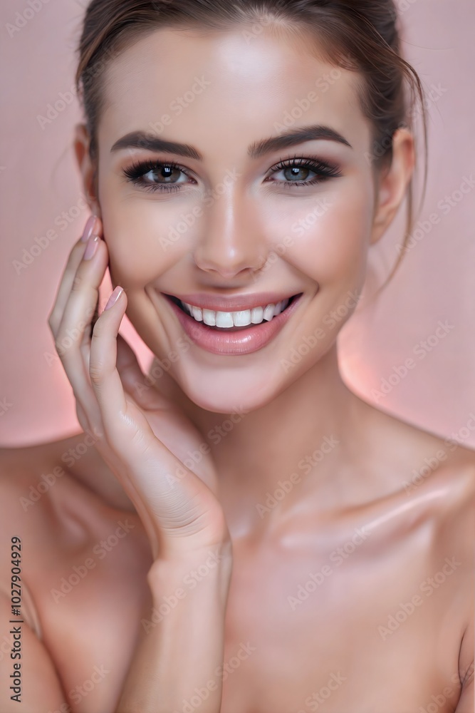 Cheerful young woman smiling while touching her face against a simple pink background in a joyful, lively atmosphere. Generative AI Cheerful young woman smiling while touching her face against a simple pink background in a joyful, lively atmosphere. Generative AI