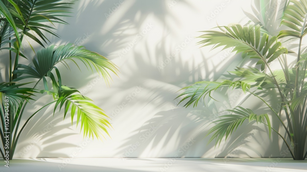 . Green tropical palm leaves on a white wall background . Green tropical palm leaves on a white wall background