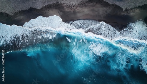 High angle view of waves splashing on sea, dark navy blue or gray sand beach