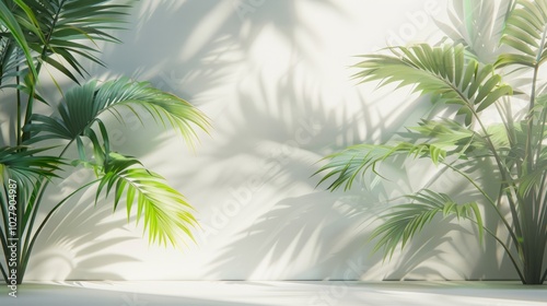 . Green tropical palm leaves on a white wall background