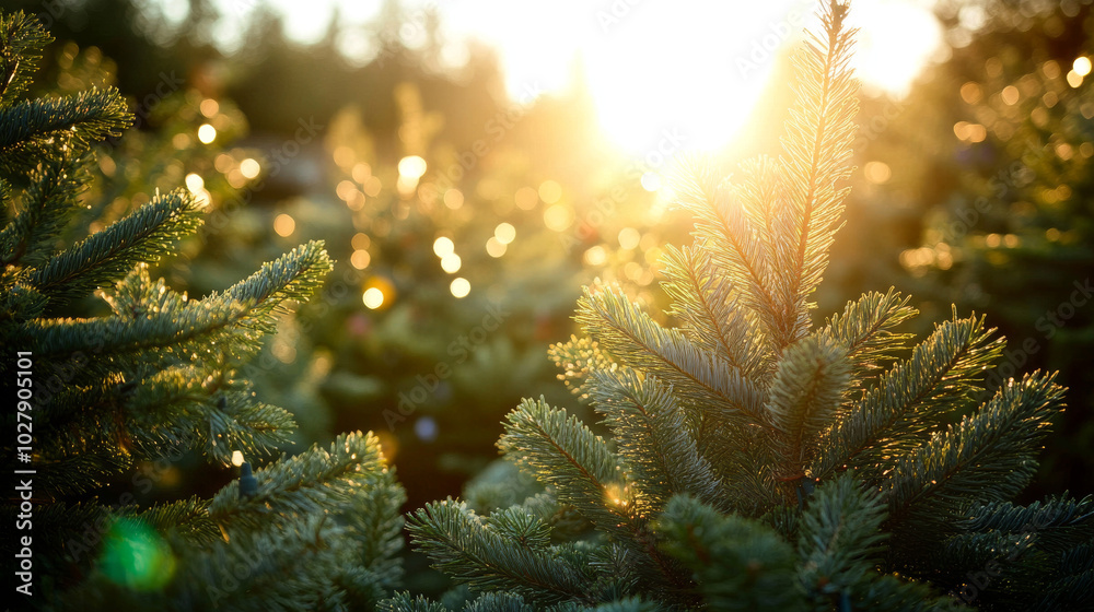 Sunlight shines through the branches of a Douglas fir Christmas tree at a California tree lot. Sunlight shines through the branches of a Douglas fir Christmas tree at a California tree lot.