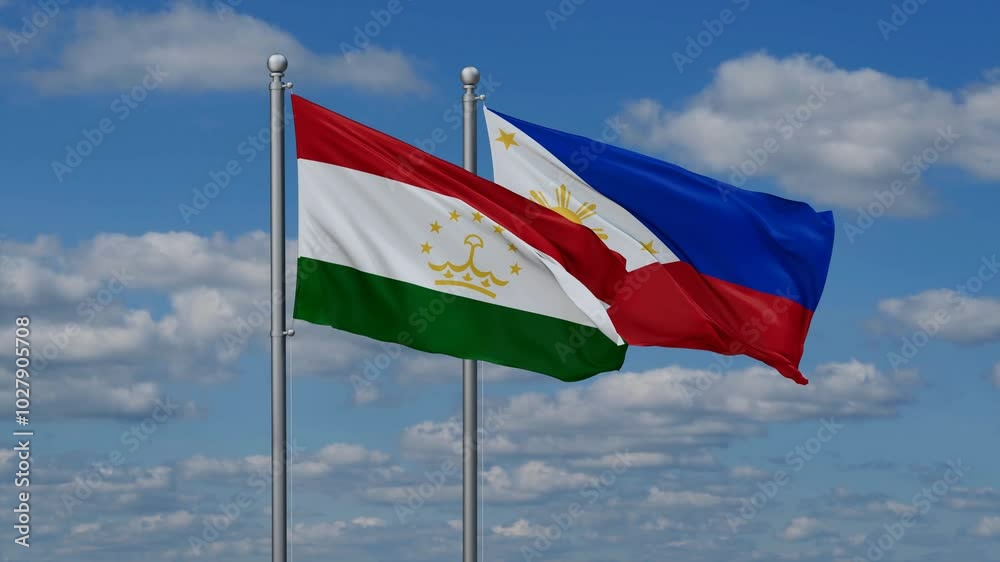 Philippines and Tajikistan flags flying together, video concept of the relationship, two country cooperation concept Philippines and Tajikistan flags flying together, video concept of the relationship, two country cooperation concept