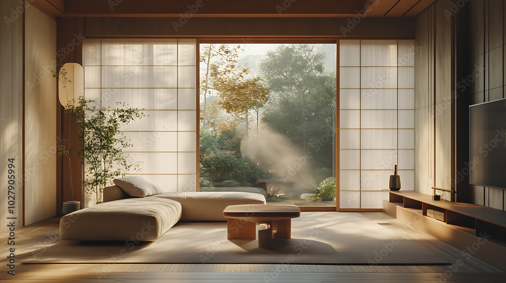 Fototapeta premium Japandi minimalist living room embracing simplicity and elegance