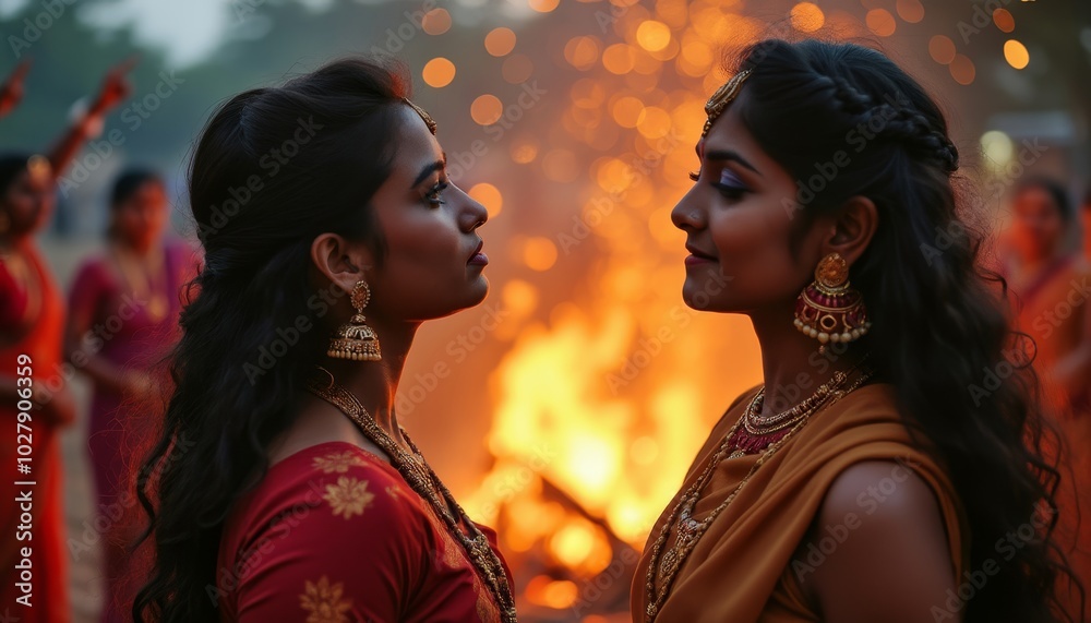 Pongal festival in India : gathering around a bonfire, dancing and tossing offerings. Traditional celebrations, power of belief concept. Pongal festival in India : gathering around a bonfire, dancing and tossing offerings. Traditional celebrations, power of belief concept.