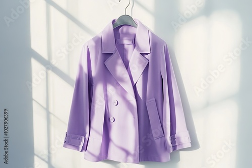 A stylish lilac jacket displayed against a sunlit wall, showcasing its vibrant color and elegant design.