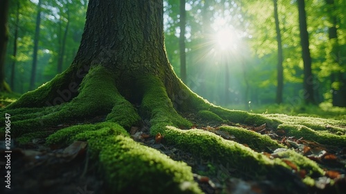 Sunlight Through Forest with Moss-Covered Tree Roots - Peaceful Nature Scene in Green Woodland