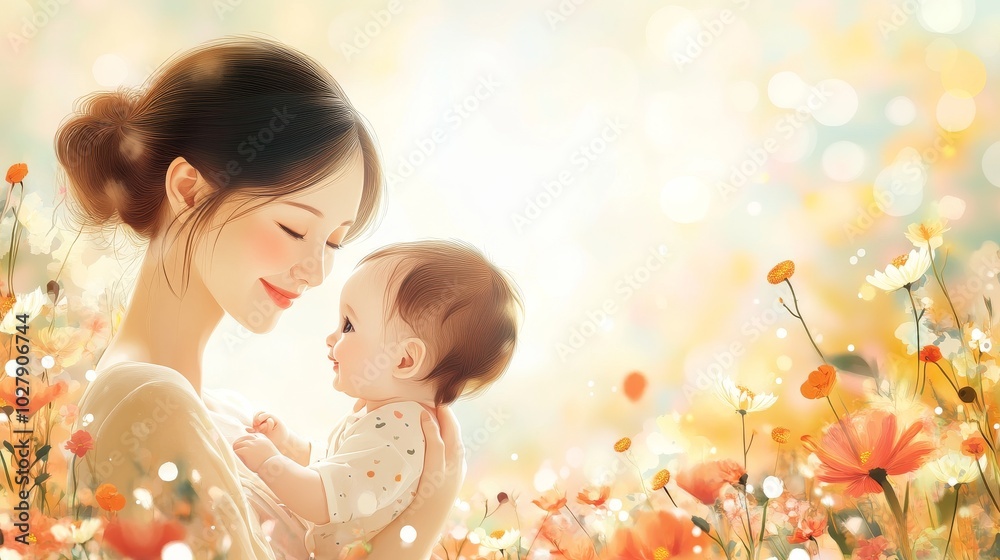 Mother and child in a loving embrace, celebrating Mother's Day with a vibrant, cheerful background. Vector illustration Mother and child in a loving embrace, celebrating Mother's Day with a vibrant, cheerful background. Vector illustration