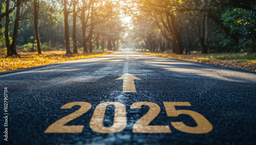 Road to 2025 with an empty road with written 2025 and arrow pointing towards the horizon to represent the future and positivity and success of the new year 2025