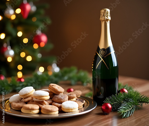 champagne bottle sat elegantly table accompanied assortment sweet treats celebration holiday photo