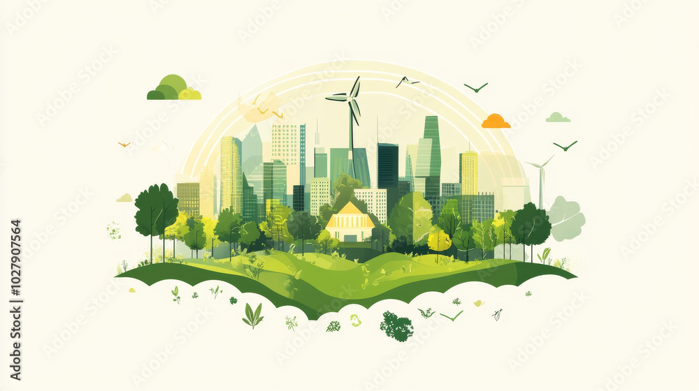 This design promotes eco-friendly practices and green technology for businesses. It focuses on sustainability, environmental protection, and reaching net-zero carbon emissions.
