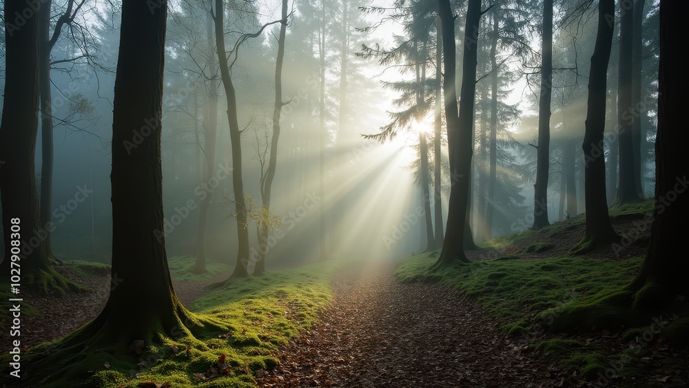 Naklejka premium Morning Sunlight Through Misty Forest Trees