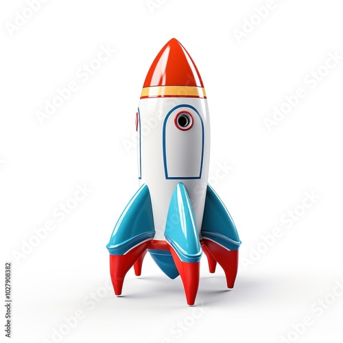 Minimalist design rocket ship ready for launch, isolated on white background, symbolizes space exploration. photo