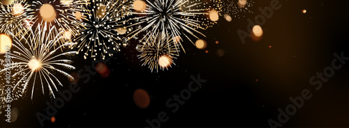 Fireworks banner, gold New Year background