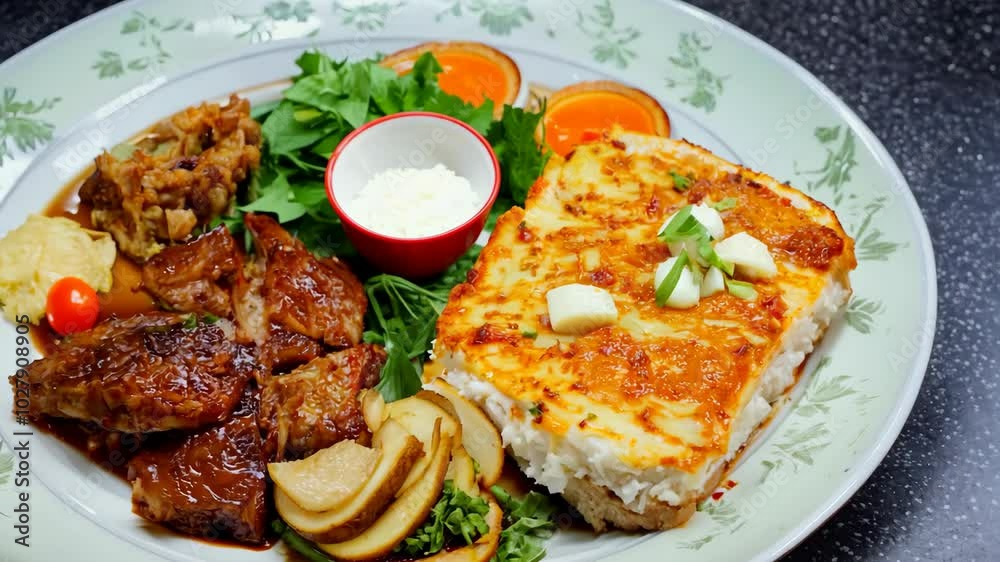 A plate of food with a variety of meats and vegetables. The plate is on a table and the food is arranged in a visually appealing manner A plate of food with a variety of meats and vegetables. The plate is on a table and the food is arranged in a visually appealing manner