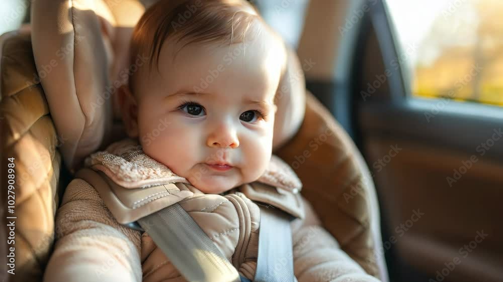 A baby is sitting in a car seat and smiling. The baby is wearing a jacket and he is happy A baby is sitting in a car seat and smiling. The baby is wearing a jacket and he is happy
