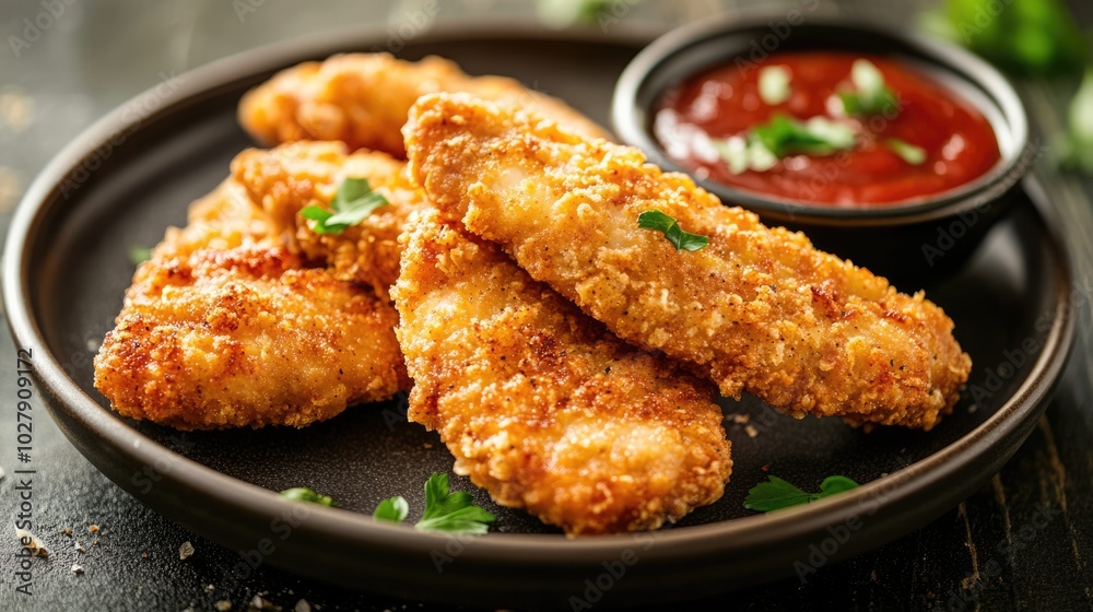 Fried breaded chicken tender strips with tomato ketchup sauce on plate. Crispy meat nuggets on restaurant table Fried breaded chicken tender strips with tomato ketchup sauce on plate. Crispy meat nuggets on restaurant table
