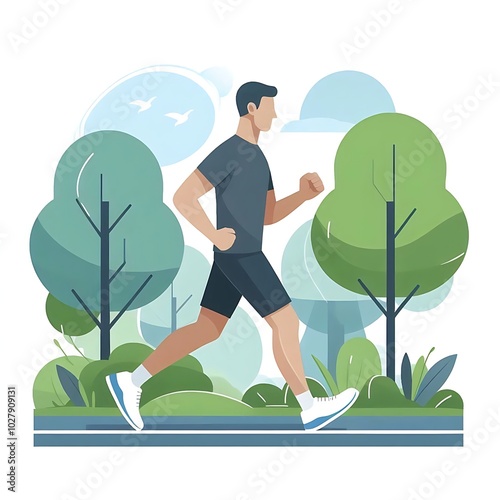 Flat-style illustration of a man jogging through a park. Ideal for fitness, outdoor, and healthy lifestyle-themed designs. Simple and energetic composition, perfect for promoting physical activity. 