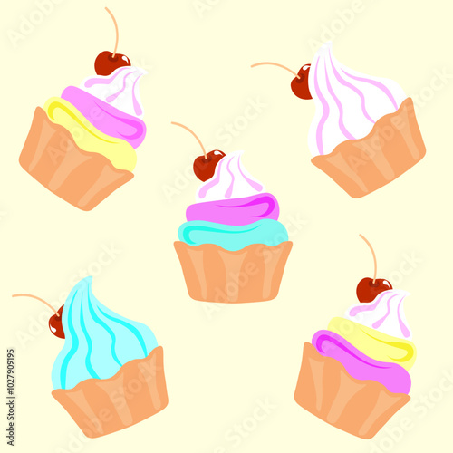 five cakes with colorful cream