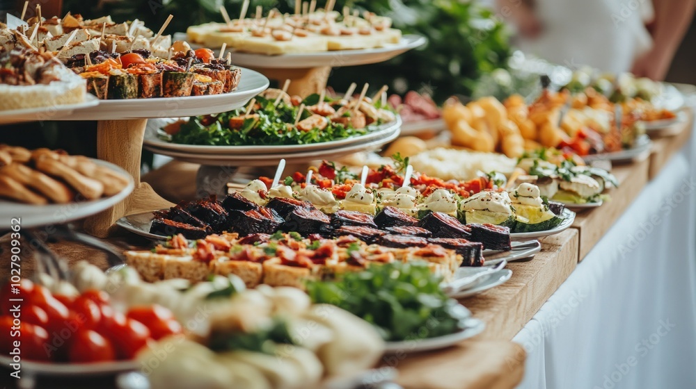 Fototapeta premium Elegantly styled banquet catering table including an array of delectable appetizers, canapes, salads, and delicatessen items for a corporate birthday party or wedding celebration.