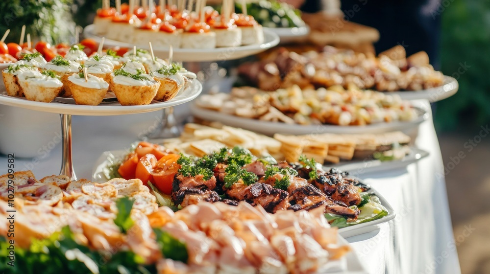 Obraz premium Elegantly styled banquet catering table including an array of delectable appetizers, canapes, salads, and delicatessen items for a corporate birthday party or wedding celebration.