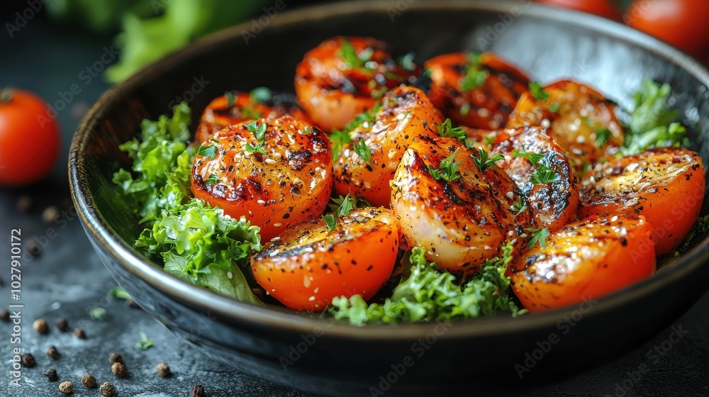 Grilled tomatoes garnished with herbs served on a bed of fresh lettuce in a rustic bowl on a dark surface Grilled tomatoes garnished with herbs served on a bed of fresh lettuce in a rustic bowl on a dark surface