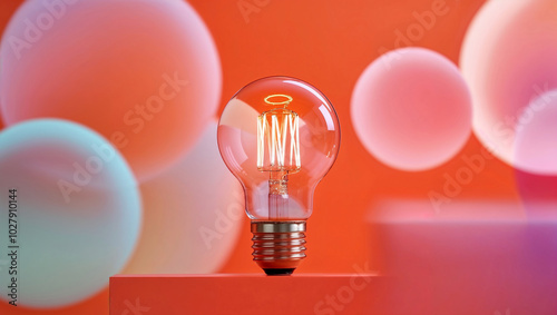 Una lampadina accesa emette luce su uno sfondo colorato arancione con effetto bokeh photo