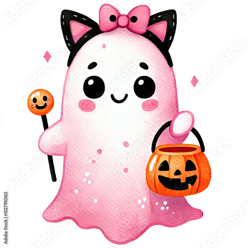 A happy pink ghost with cat ears and a bow on transparent background