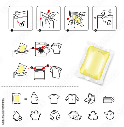Laundry gel capsule pod for washing machine with set icons. Vector illustration isolated on white background. The outline icons are well scalable and editable.Ready for your design. EPS10.